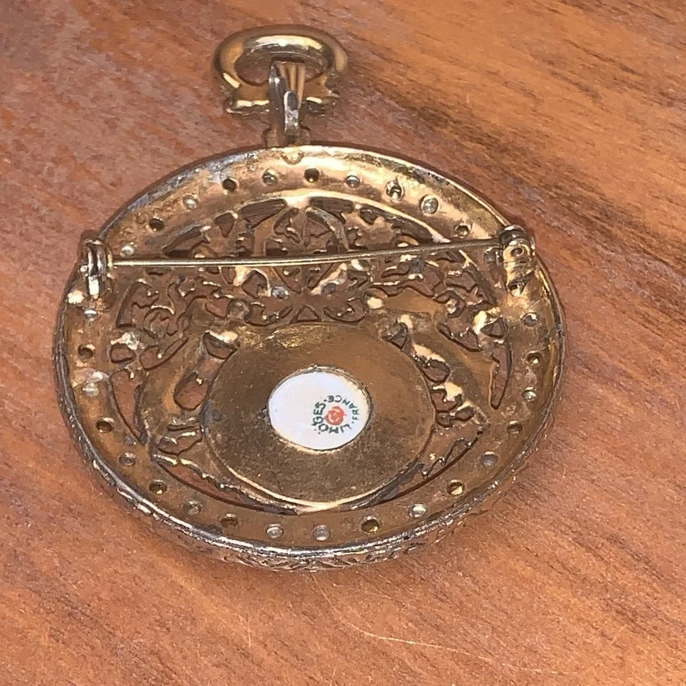 VTG Limoges Brooch Pin Pocket Watch Design‎ Hand Painted Porcelain Lady Portrait